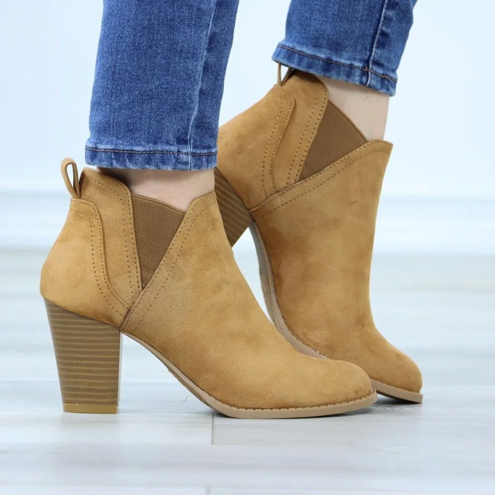 Block High Heeled Ankle Boots Brown Synthetic Suede Chelsea Cone - Picture 13 of 15
